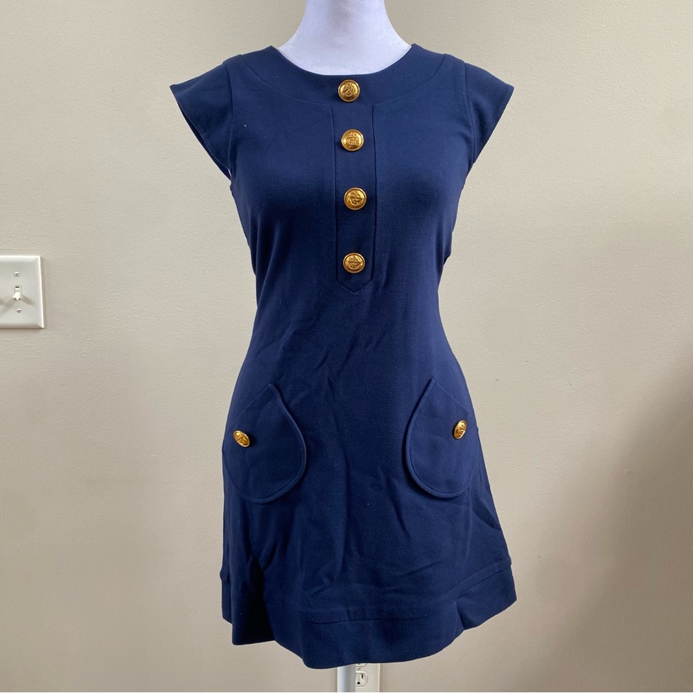 Tibi Navy Mod Mini Dress with Gold Button Detailing